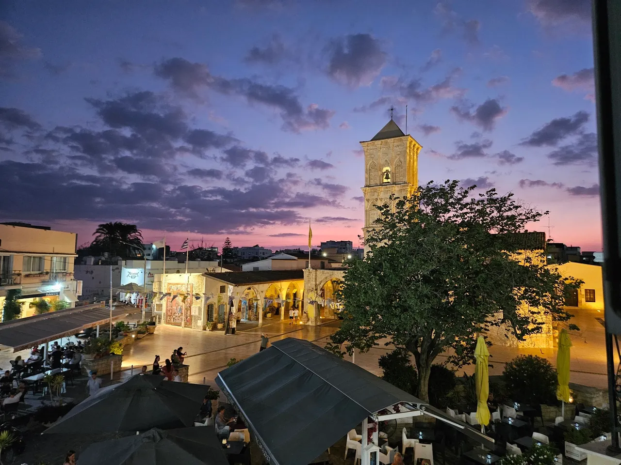 Twilight view of a historic plaza