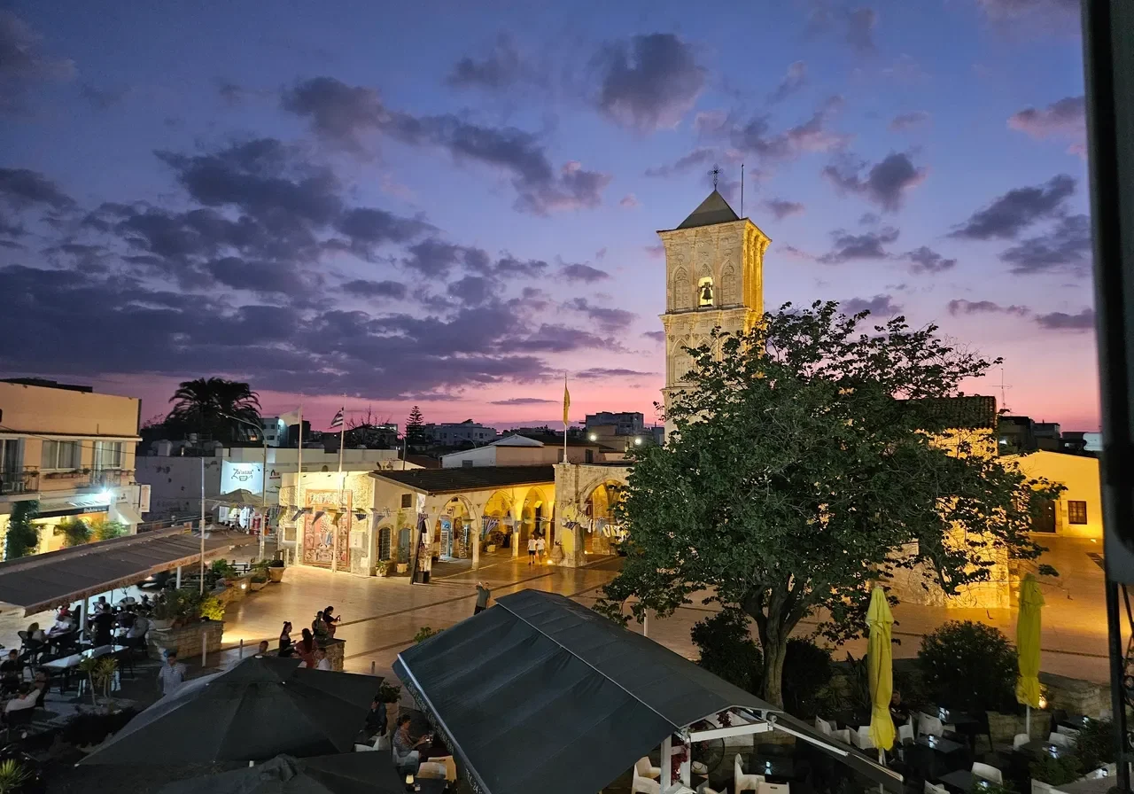 Twilight view of a historic plaza